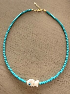 Turquoise Beaded Necklace with White Glass Fish Accent